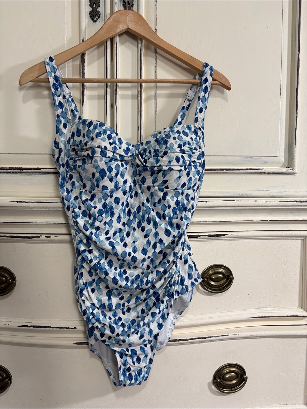 Blue Leaf-Print One-Piece Swimsuit with Ruched Front